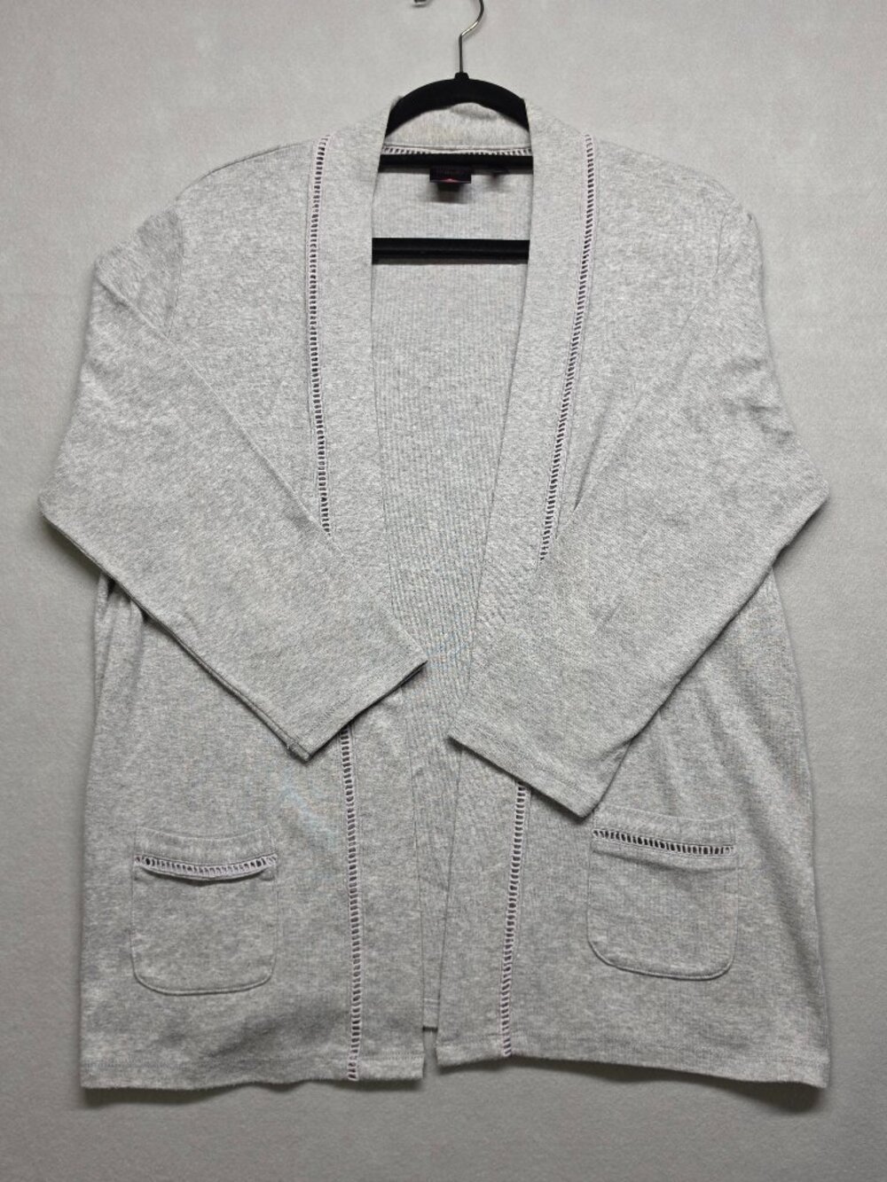 Rafaella Heather Gray Open Front Cardigan Sweater Crochet Trim Pockets Large